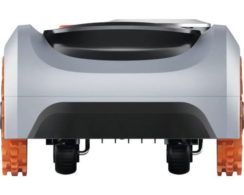 Rückansicht eines Rasenmähroboters mit Rädern und Ketten