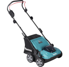 Scarificateur à batterie Makita en turquoise et noir avec sac de ramassage, guidon réglable et levier de sécurité rouge.