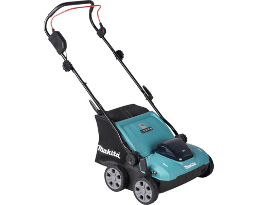 Scarificateur à batterie Makita en turquoise et noir avec sac de ramassage, guidon réglable et levier de sécurité rouge.