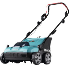Scarificateur à batterie Makita avec sac de ramassage et guidon réglable.