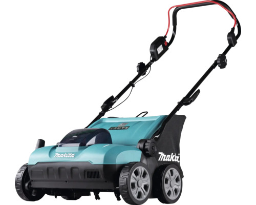 Scarificateur à batterie Makita avec sac de ramassage et guidon réglable.