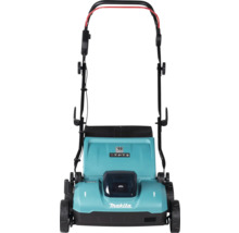 Scarificateur sans fil Makita avec guidon pliable et bac de ramassage noir.