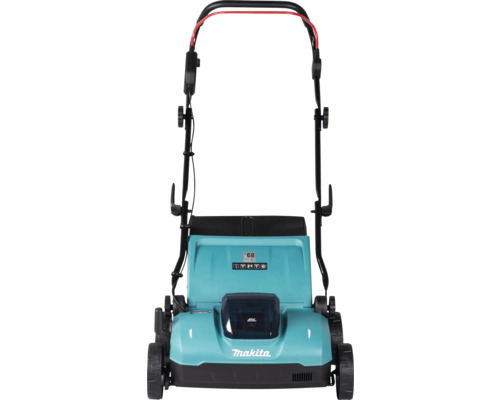 Scarificateur sans fil Makita avec guidon pliable et bac de ramassage noir.