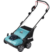 Scarificateur à batterie Makita avec bac de ramassage noir et quatre roues.