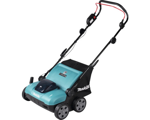 Scarificateur à batterie Makita avec bac de ramassage noir et quatre roues.