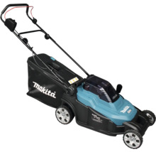 Tondeuse à gazon sans fil Makita bleue et noire, 430 millimètres, avec sac de ramassage noir et guidon pliable.