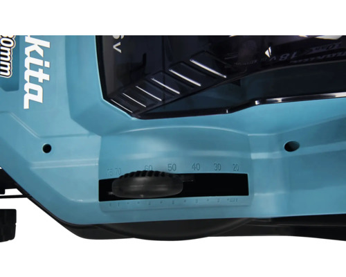 Vue détaillée du réglage de la hauteur de coupe d une tondeuse Makita avec levier et indications en millimètres de 20 à 75.