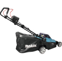 Tondeuse à gazon sans fil Makita avec boîtier noir, bloc moteur bleu et grand bac de ramassage.