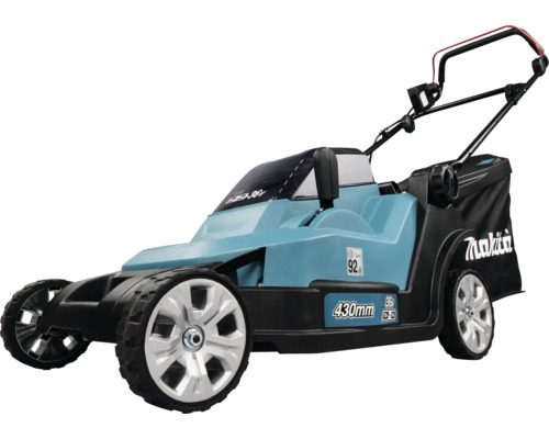 Tondeuse à gazon sans fil Makita avec une largeur de coupe de 430 millimètres et un bac de ramassage, 36 Volt.