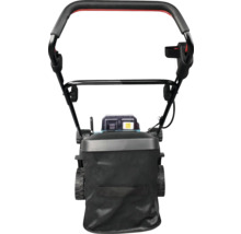 Vue arrière d une tondeuse à gazon sans fil avec sac de ramassage en maille noire et guidon ergonomique.