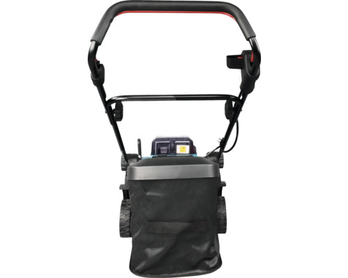 Vue arrière d une tondeuse à gazon sans fil avec sac de ramassage en maille noire et guidon ergonomique.