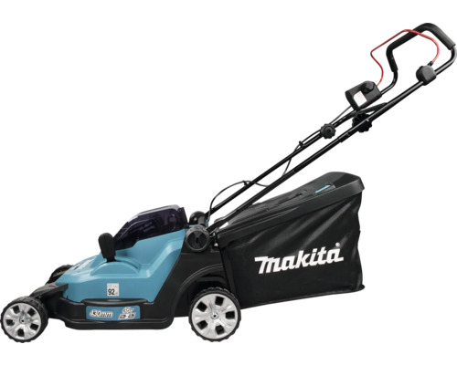 Tondeuse à gazon sans fil Makita bleue avec largeur de coupe de 430 millimètres et bac de ramassage noir.