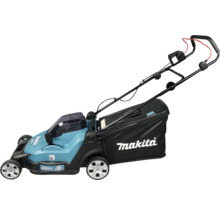 Tondeuse à gazon sans fil Makita avec largeur de coupe de 430 millimètres et puissance de 36 Volt avec sac de ramassage.