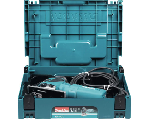 Makita Pendelhubstichsäge im blauen Kunststoffkoffer mit Netzkabel.