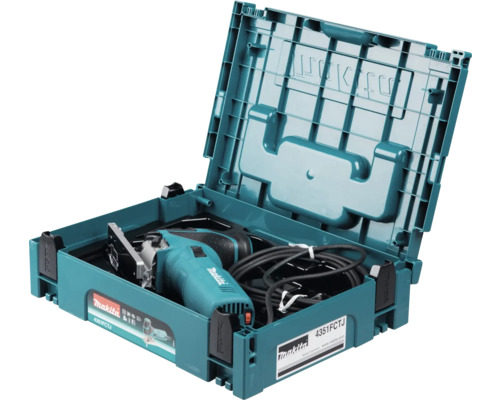 Makita Pendelstichsäge 4351FCTJ im geöffneten blauen MAKPAC Koffer mit Netzkabel.