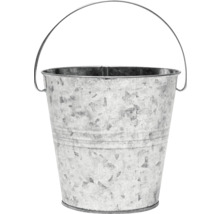 Verzinkter Metalleimer mit Drahtbügel und horizontalen Rillen.