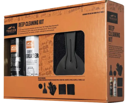 Kit de nettoyage en profondeur Traeger pour barbecue avec dégraissant, spray nettoyant, grattoir, tampon à récurer, gants et chiffons.