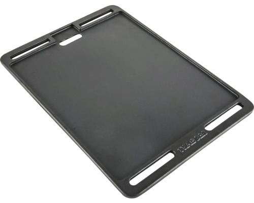 Plancha Traeger en fonte, rectangulaire, avec surface lisse et ouvertures pour les poignées.