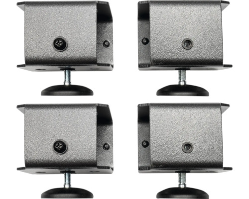 Jeu de quatre pieds de meuble réglables en hauteur avec support en U en métal avec surface texturée.
