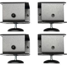 Vier verstellbare Montagefüße aus Metall in Grau für Möbel oder Sanitärobjekte.