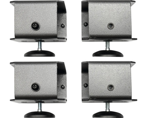 Vier verstellbare Montagefüße aus Metall in Grau für Möbel oder Sanitärobjekte.