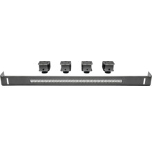 Kabelwanne aus schwarzem Metall für Schreibtische, inklusive vier Befestigungsklemmen, mit gelochtem Boden zur Kabelführung.