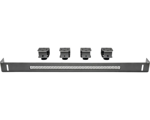 Kabelwanne aus schwarzem Metall für Schreibtische, inklusive vier Befestigungsklemmen, mit gelochtem Boden zur Kabelführung.