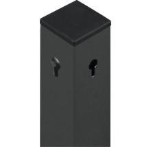 Poteau de clôture carré en métal anthracite avec capuchon plat et perforations en trou de serrure.