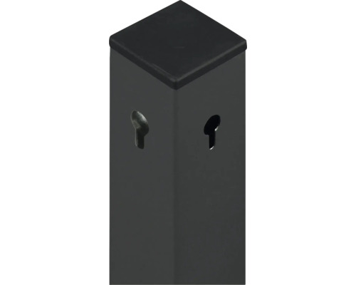 Poteau de clôture carré en métal anthracite avec capuchon plat et perforations en trou de serrure.