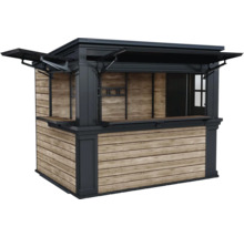 Stand de vente en bois avec étagères et toit ouvrant