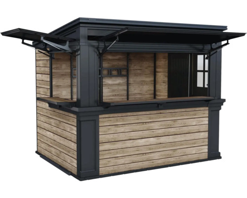 Stand de vente en bois avec étagères et toit ouvrant