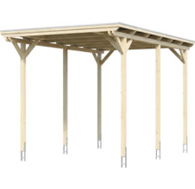 Carport individuel en bois avec toit plat et six poteaux comprenant des ancres en H pour la fixation au sol.