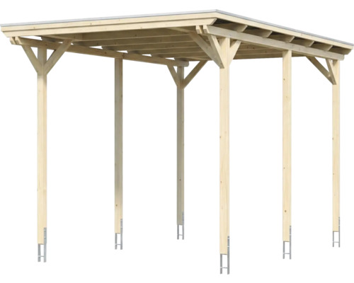 Carport individuel en bois avec toit plat et six poteaux comprenant des ancres en H pour la fixation au sol.
