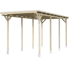 Carport en bois avec toit plat et ancrages de poteaux en métal.