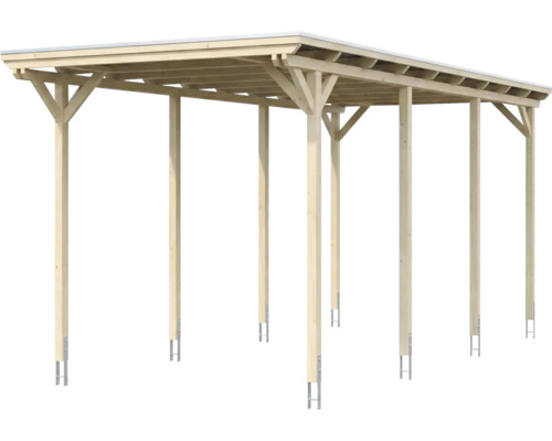 Carport en bois avec toit plat et ancrages de poteaux en métal.