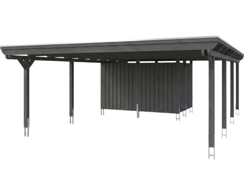 Carport en bois gris foncé avec remise intégrée et toit plat.