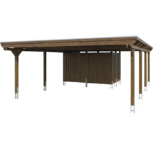 Carport double en bois avec remise intégrée et toit plat.