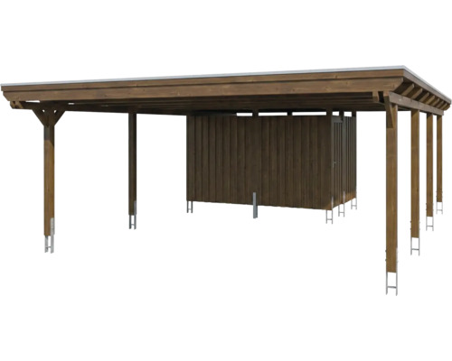 Carport double en bois avec remise intégrée et toit plat.