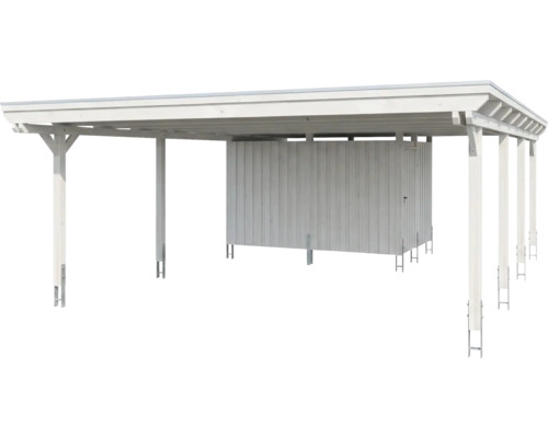 Carport en bois blanc avec toit plat et remise intégrée.