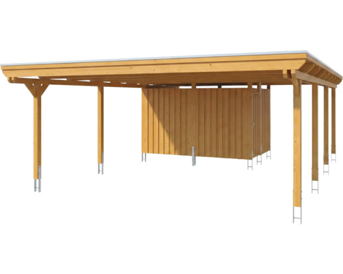 Grand carport double en bois avec remise intégrée et toit plat.