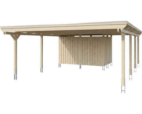 Carport double en bois avec remise intégrée et toit plat sur ancres métalliques.