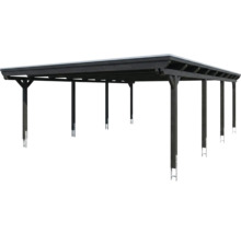 Carport en bois sombre avec toit plat et plusieurs poteaux.