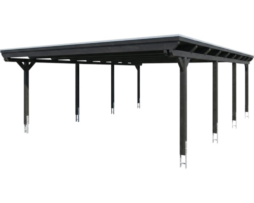 Carport en bois sombre avec toit plat et plusieurs poteaux.