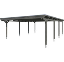 Carport double en bois avec toit plat et plusieurs poteaux.