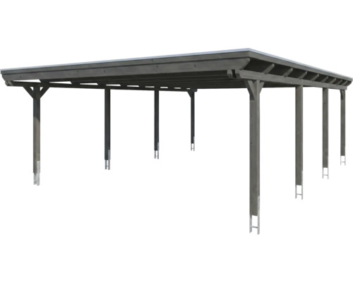 Carport double en bois avec toit plat et plusieurs poteaux.