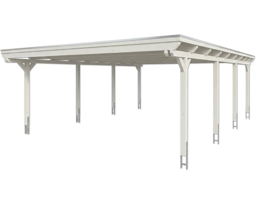 Carport en bois blanc avec toit plat et ancrages de poteaux en métal.