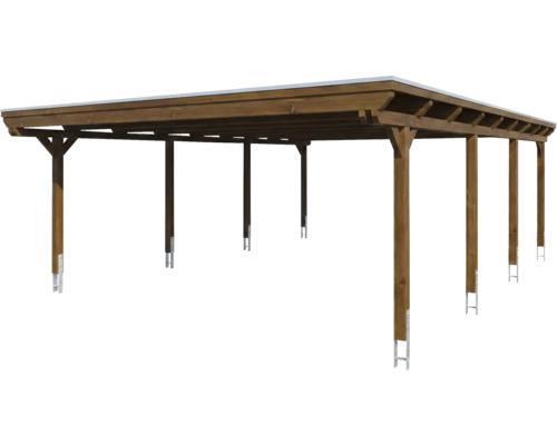 Carport double autoportant en bois avec toit plat et huit poteaux sur ancres métalliques.