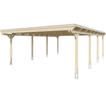 Carport double ouvert en bois clair avec toit plat et poteaux en bois lamellé-collé.