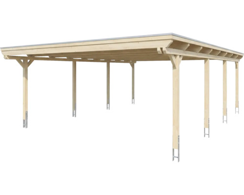 Carport double ouvert en bois clair avec toit plat et poteaux en bois lamellé-collé.