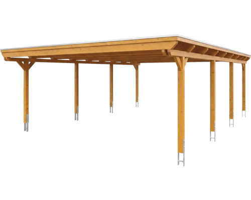 Carport double en bois avec toit plat et supports de poteaux robustes en métal.
